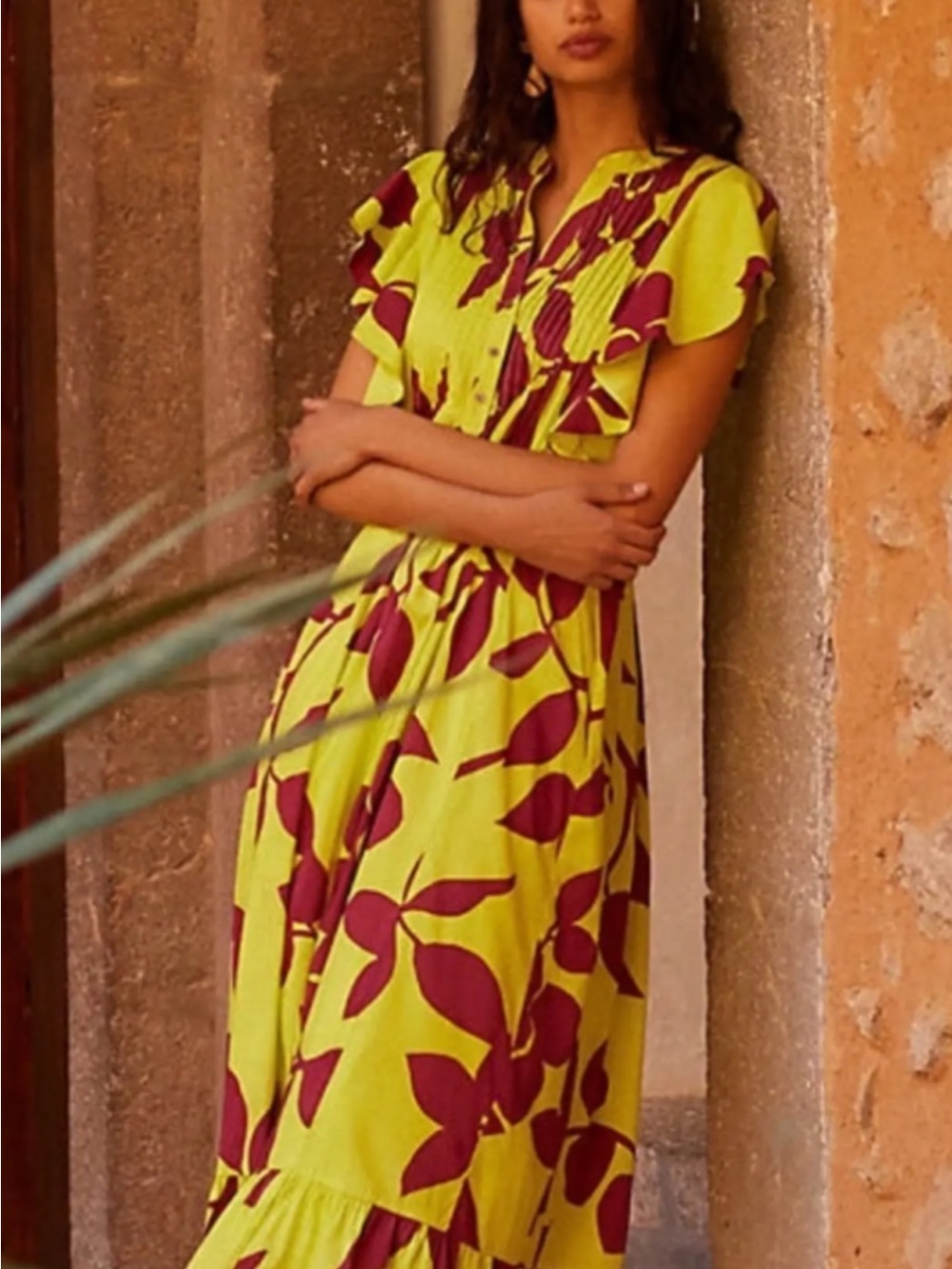 Anthropologie Maeve Lime Green and Burgundy Floral Maxi Dress Sz Large NWOT